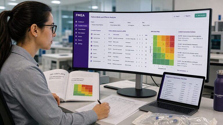 Quality risk engineer reviewing FMEA module interface with RPN heat map and ISO 14971 risk management reference at a medical device company workstation