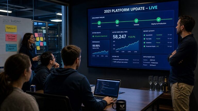Software team watching a live deployment pipeline dashboard showing all stages green with a 2021 Platform Update LIVE banner in a dark developer war room