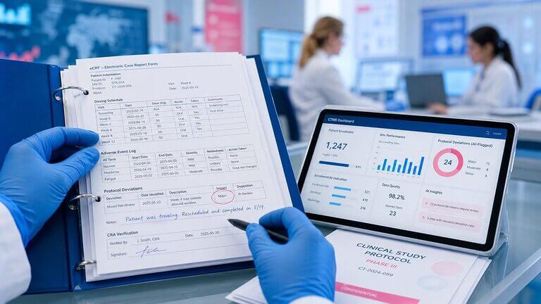 Clinical research associate's blue-gloved hands organizing a patient binder with eCRF data and adverse event logs in sharp macro focus, with a Clinical Trials Management System dashboard on a tablet behind